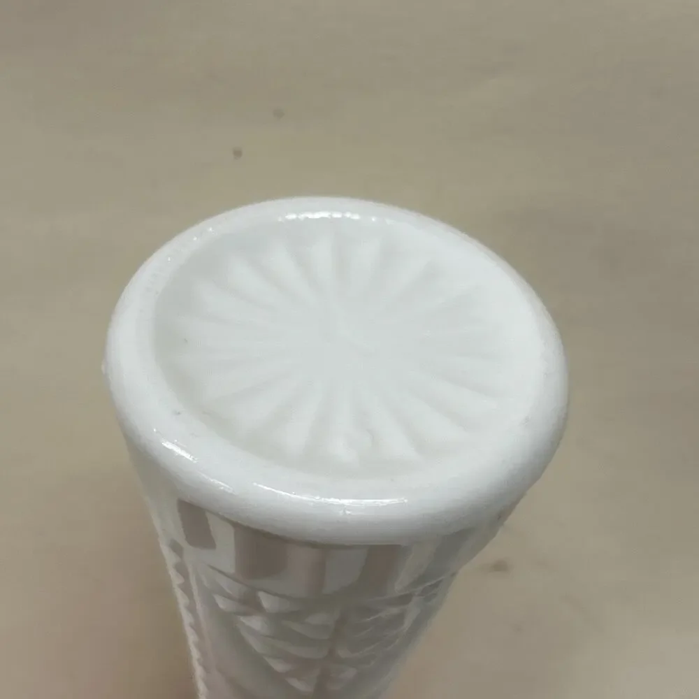 Small White Vintage Milk Glass Bud Vase Intricate Design 6”
